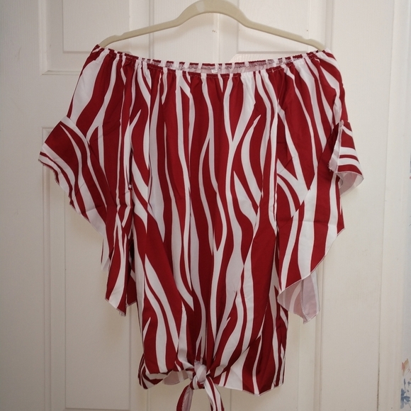 New Zebra Print Boho Off On Shoulder Front Tie Top - Picture 2 of 11